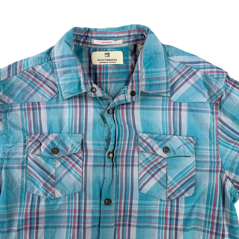 Scotch & Soda Western Shirt Mens Large Teal‎ Blue Plaid Sun Faded Snap Button L